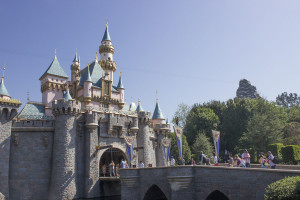 Sleeping Beauty Castle on a clear spring day with the Matterhorn in the distance.