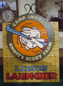 One of the many new signs that will be placed in Camp Snoopy at Knott's Berry Farm during its 2014 refurbishment. The signs are redwood planks, sandblasted to give them a raised look, then hand painted.