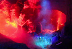 The steamy mud pots room, the first scene in the Calico Mine Train ride at Knott's Berry Farm. The room has not had steam for a few years, but it was returned with a new boiler as part of the massive refurbishment in the spring of 2014.