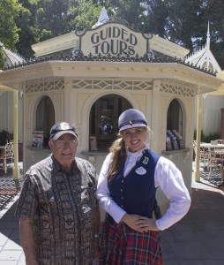 John Waite, a Disneyland Alumni, is pictured with Chantel, a current day Tour Guide at Disneyland. John helped initiate and led tours on the first day they were offered in the early days of Disneyland.