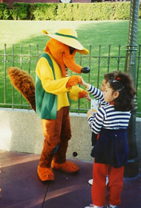 Tim Strauch II on his first day as a Disneyland character. Here he is dressed as Br'er Fox. Used by permission.